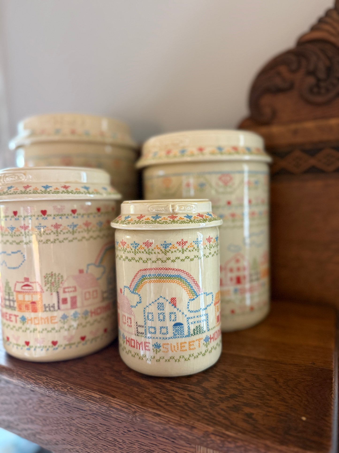 Set of 4 Home Sweet Home Ceramic Canisters w/ Cross-stitch pattern