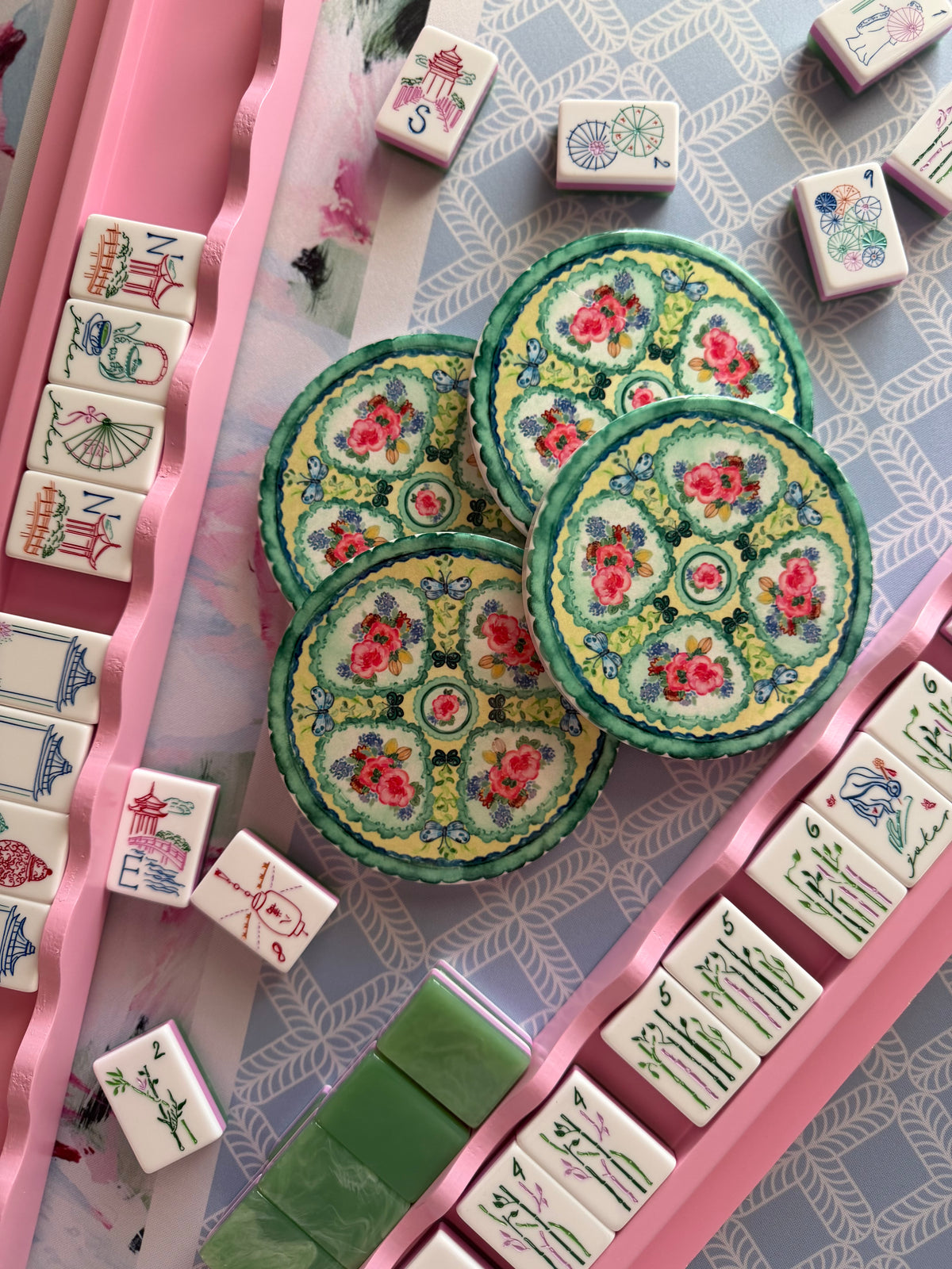 Set of 4 Mahjong Coasters GREEN
