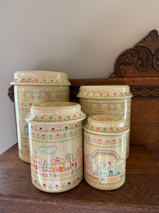 Set of 4 Home Sweet Home Ceramic Canisters w/ Cross-stitch pattern