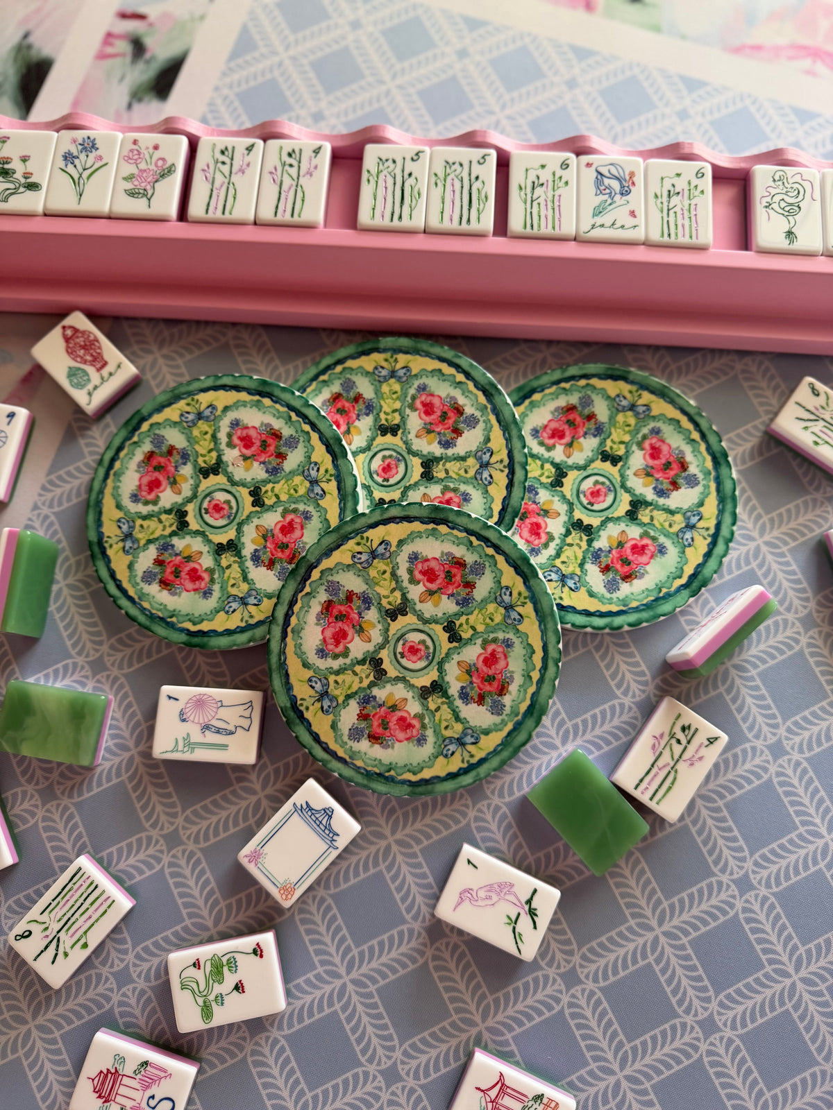 Set of 4 Mahjong Coasters GREEN