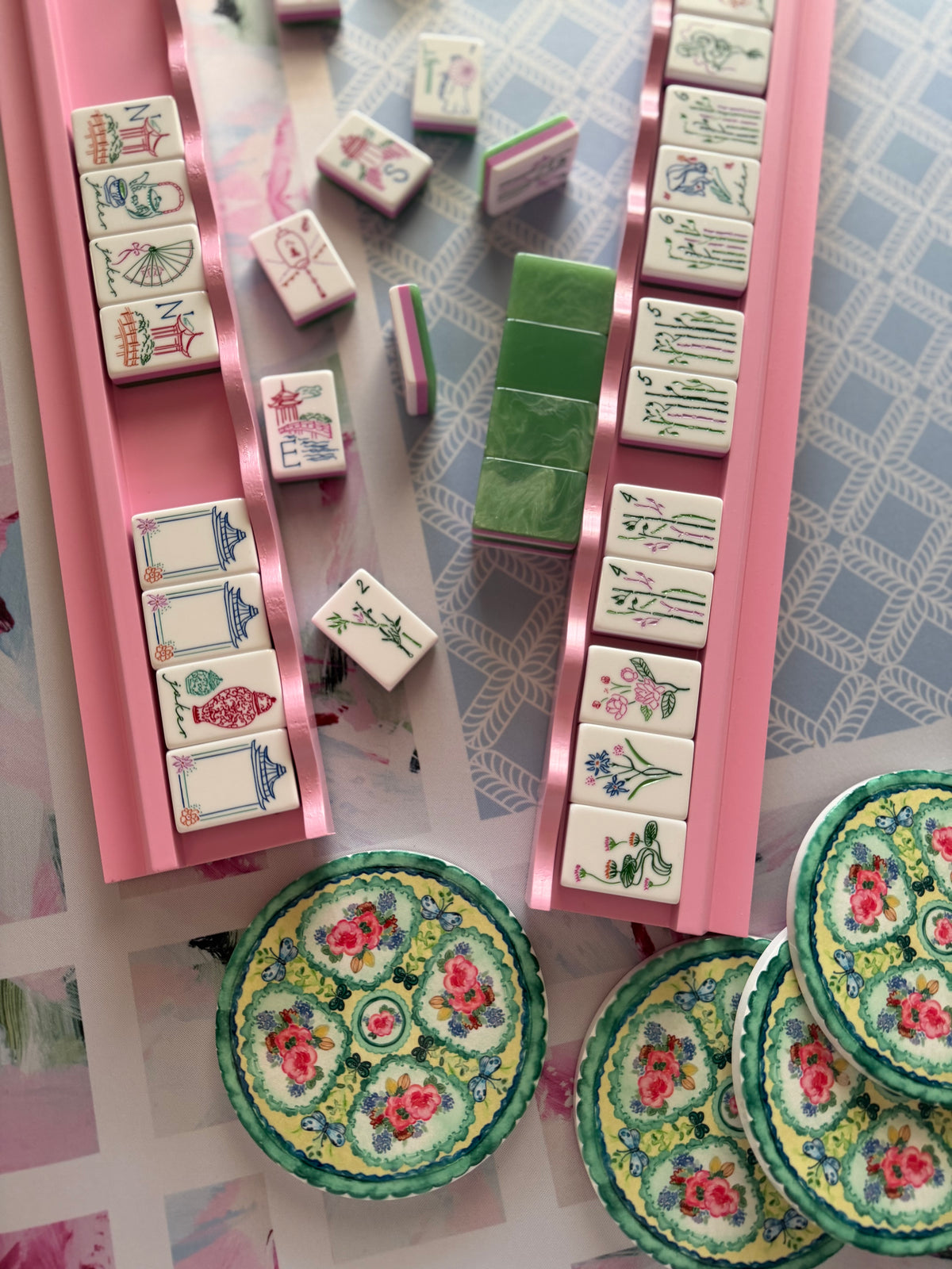 Set of 4 Mahjong Coasters GREEN
