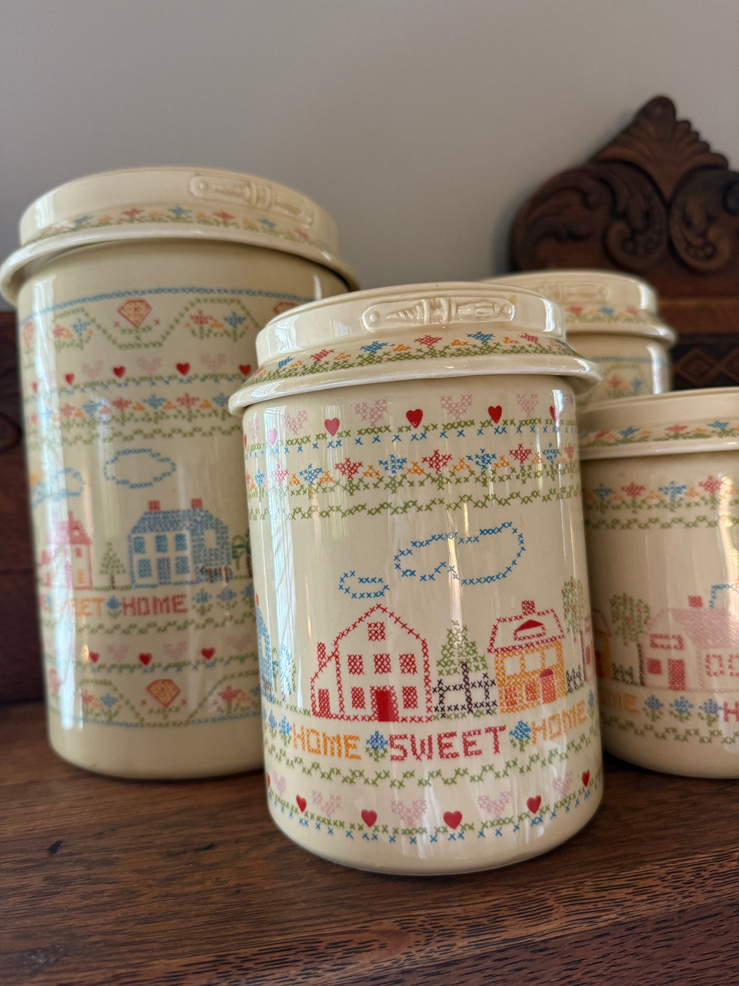 Set of 4 Home Sweet Home Ceramic Canisters w/ Cross-stitch pattern