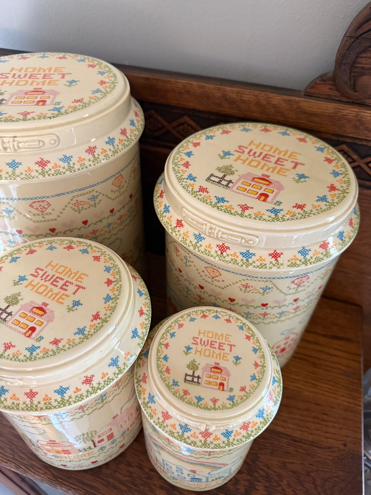 Set of 4 Home Sweet Home Ceramic Canisters w/ Cross-stitch pattern