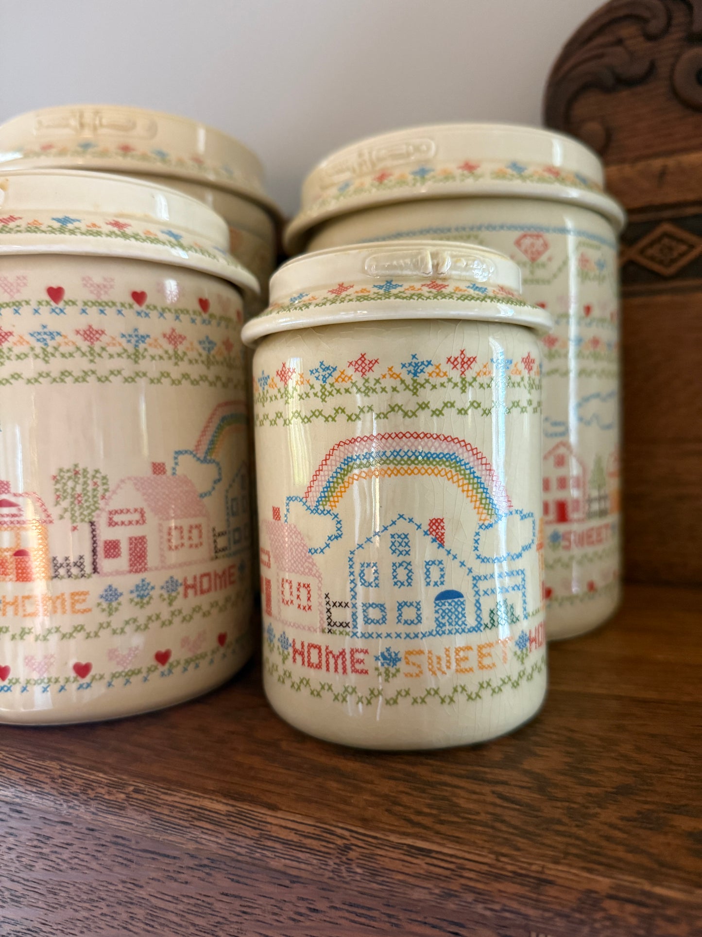 Set of 4 Home Sweet Home Ceramic Canisters w/ Cross-stitch pattern