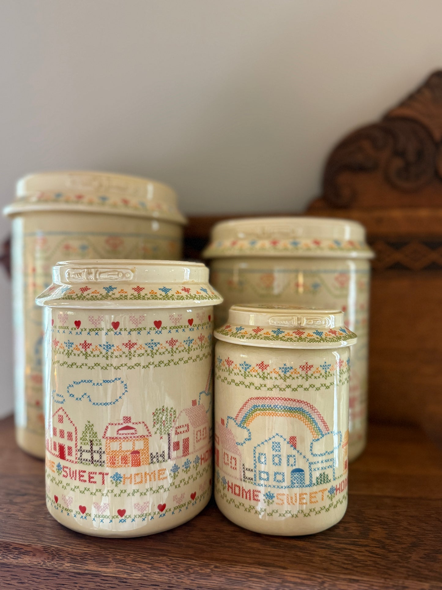 Set of 4 Home Sweet Home Ceramic Canisters w/ Cross-stitch pattern